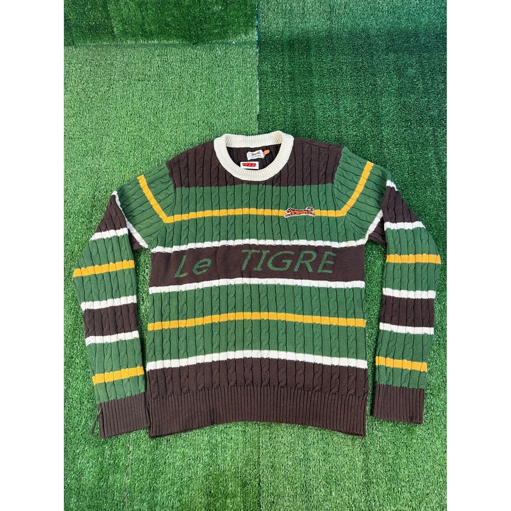Le Tigre Mens Cable Knit Striped Sweater Green Brown Large Logo Crewneck